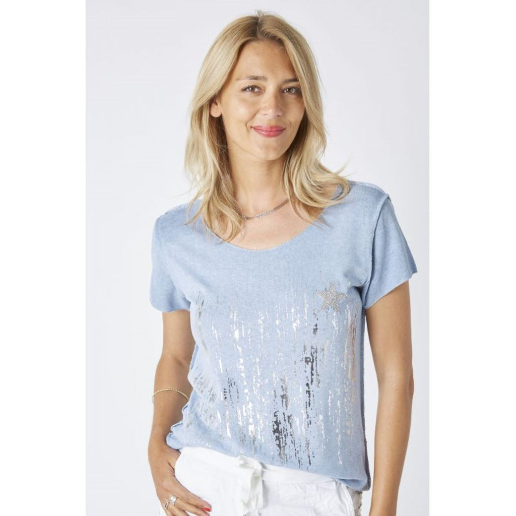 Look Mode Silver Waterfall and Star T-Shirt In Blue-Tops-Look Mode-Deja Nu Boutique, Women's Fashion Boutique in Lampasas, Texas
