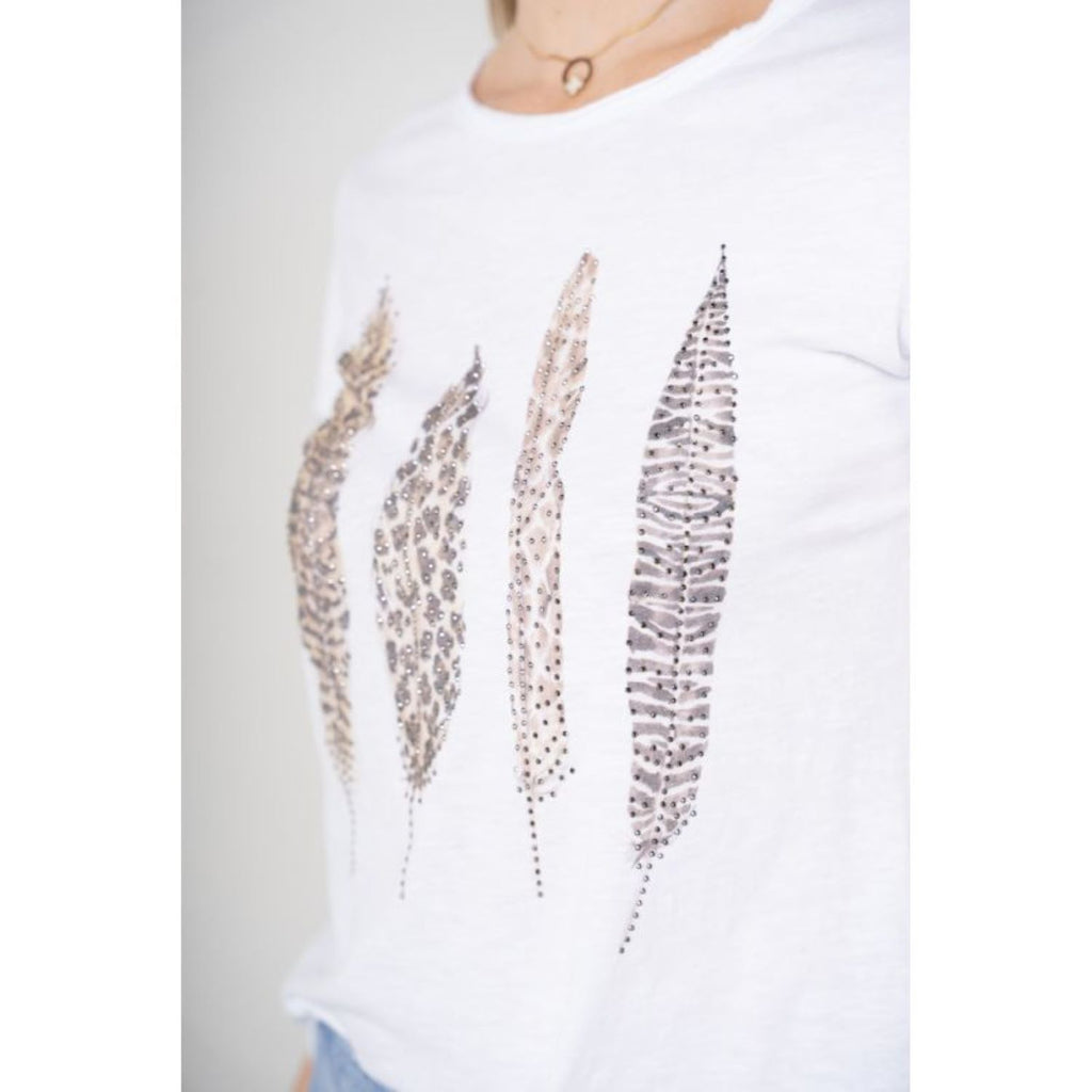 Look Mode White Feather Print T-Shirt With Rhinestones-Tops-Look Mode-Deja Nu Boutique, Women's Fashion Boutique in Lampasas, Texas