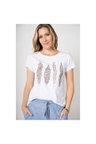 Look Mode White Feather Print T-Shirt With Rhinestones-Tops-Look Mode-Deja Nu Boutique, Women's Fashion Boutique in Lampasas, Texas