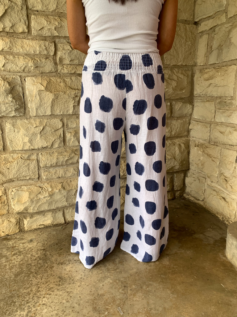 Look Mode White High Waistband Full Leg Pant With Navy Polka Dots-Bottoms-Look Mode-Deja Nu Boutique, Women's Fashion Boutique in Lampasas, Texas