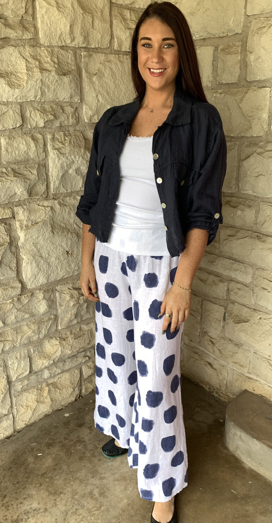 Look Mode White High Waistband Full Leg Pant With Navy Polka Dots-Bottoms-Look Mode-Deja Nu Boutique, Women's Fashion Boutique in Lampasas, Texas