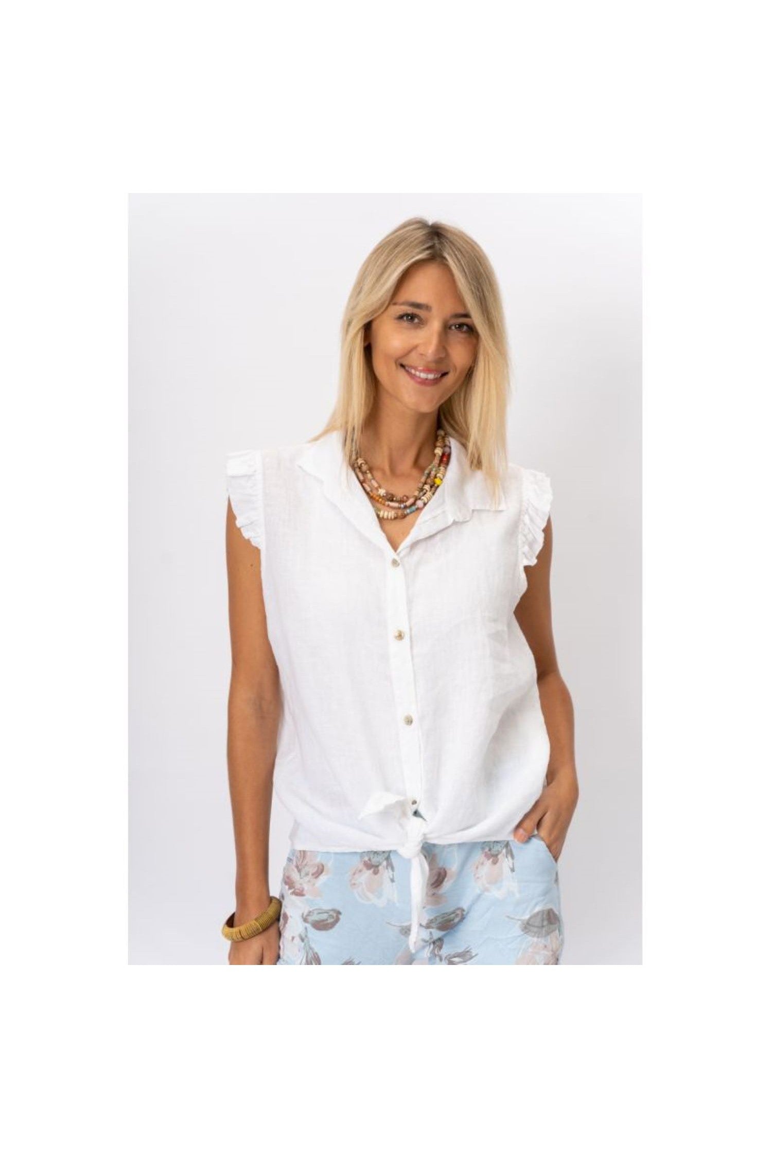 Look Mode White Linen Button Front Ruffle Sleeve Top-Tops-Look Mode-Deja Nu Boutique, Women's Fashion Boutique in Lampasas, Texas