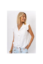 Look Mode White Linen Button Front Ruffle Sleeve Top-Tops-Look Mode-Deja Nu Boutique, Women's Fashion Boutique in Lampasas, Texas