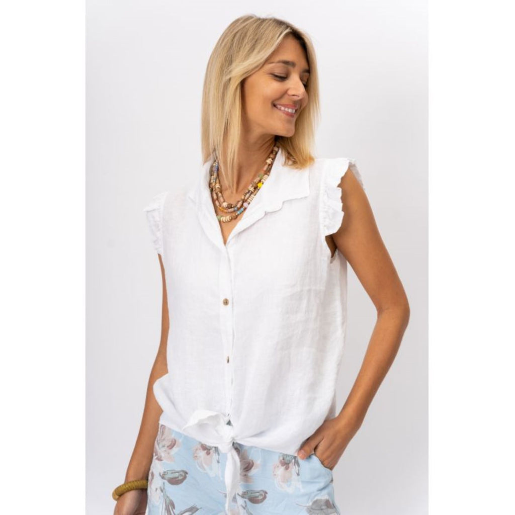 Look Mode White Linen Button Front Ruffle Sleeve Top-Tops-Look Mode-Deja Nu Boutique, Women's Fashion Boutique in Lampasas, Texas