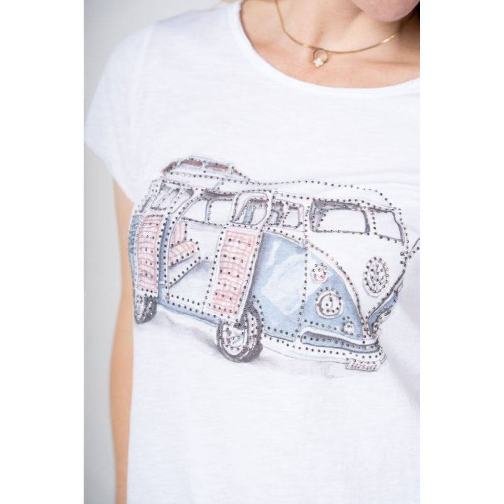 Look Mode White Van Print T-Shirt With Rhinestones-Tops-Look Mode-Deja Nu Boutique, Women's Fashion Boutique in Lampasas, Texas