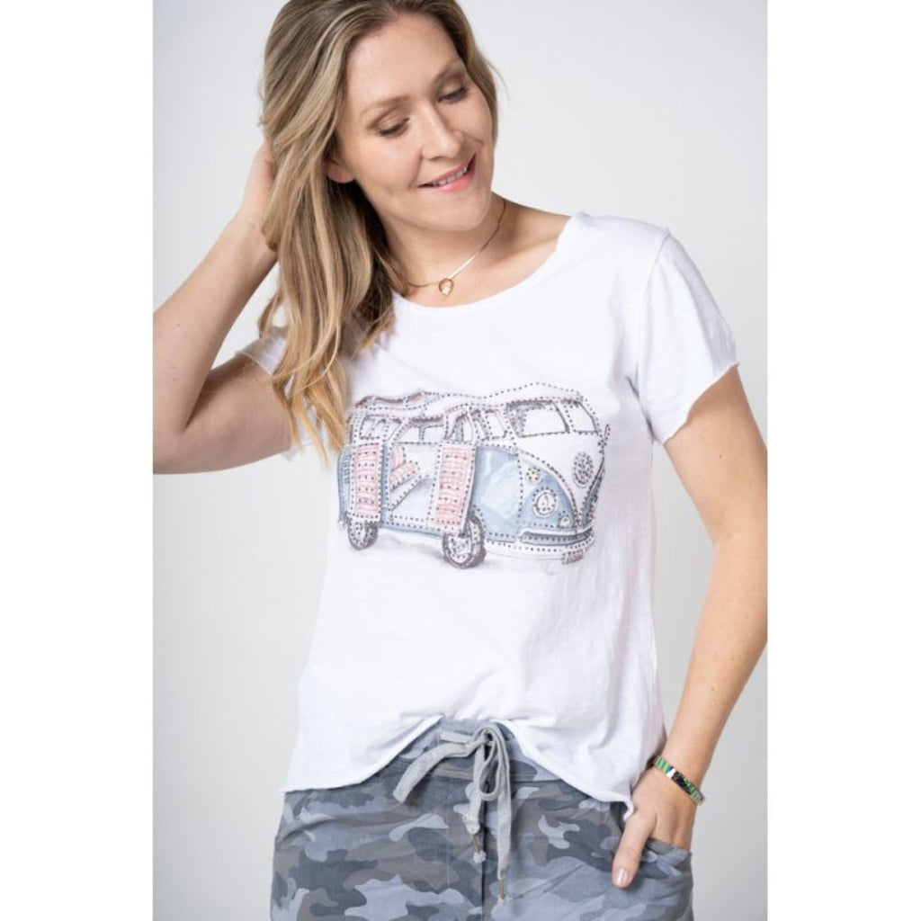 Look Mode White Van Print T-Shirt With Rhinestones-Tops-Look Mode-Deja Nu Boutique, Women's Fashion Boutique in Lampasas, Texas