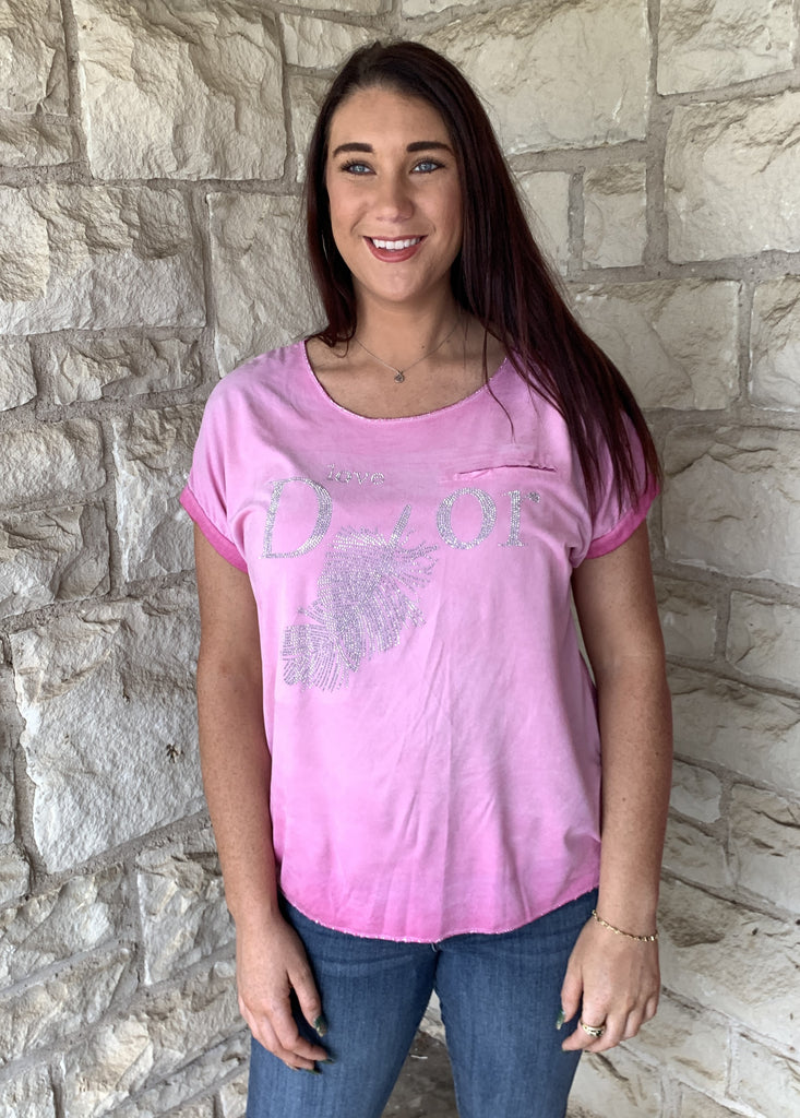 Look Mode “Love D Feather” In Fuchsia-Graphic Tees-Look Mode-Deja Nu Boutique, Women's Fashion Boutique in Lampasas, Texas