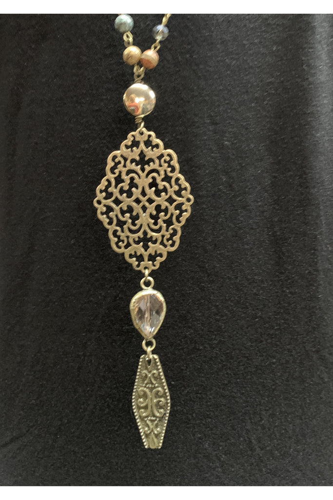 Lost And Found Bead And Crystal Long Necklace With Filigree Charm And Crystal Dangle-Necklaces-Lost And Found-Deja Nu Boutique, Women's Fashion Boutique in Lampasas, Texas