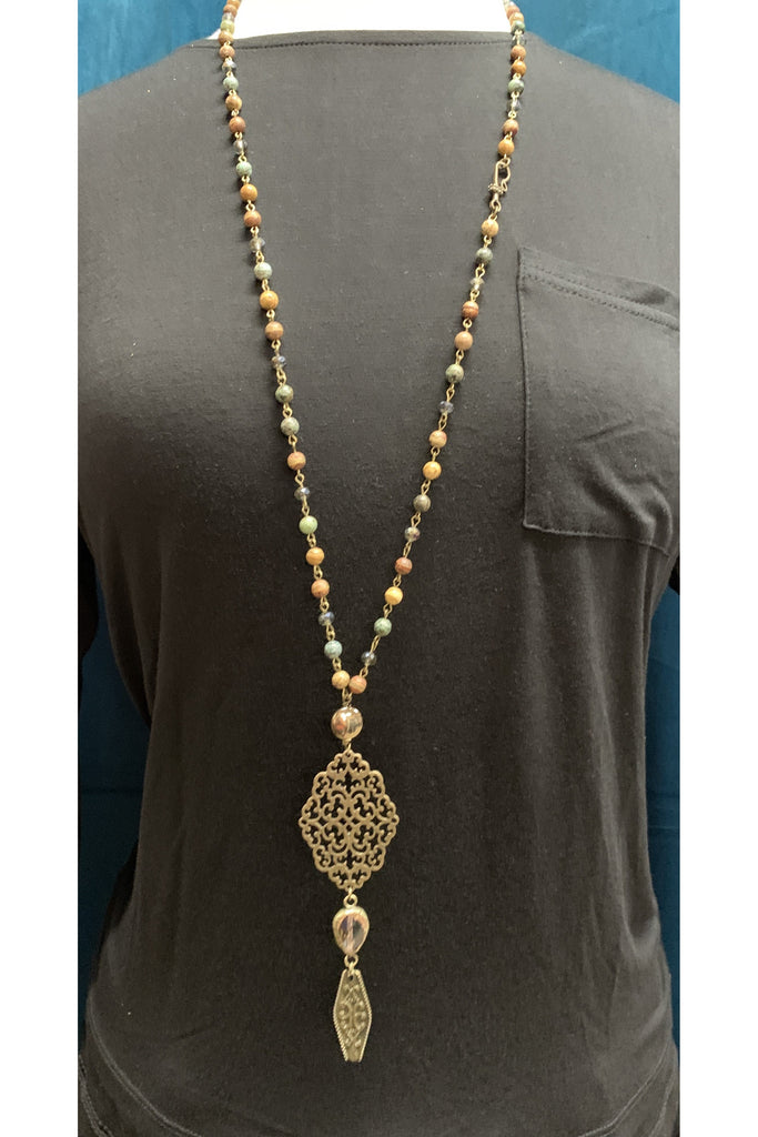 Lost And Found Bead And Crystal Long Necklace With Filigree Charm And Crystal Dangle-Necklaces-Lost And Found-Deja Nu Boutique, Women's Fashion Boutique in Lampasas, Texas