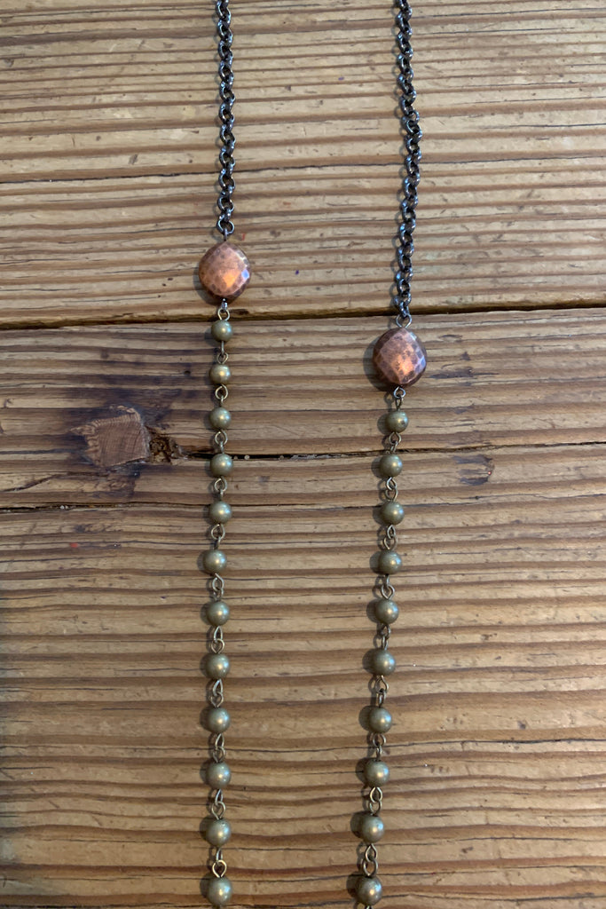 Lost And Found Bronze Beaded Necklace With Silver Triangle And Copper Bar Drop-Necklaces-Lost And Found-Deja Nu Boutique, Women's Fashion Boutique in Lampasas, Texas