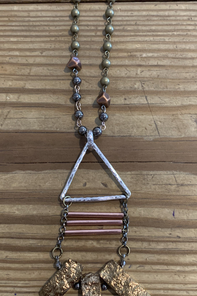 Lost And Found Bronze Beaded Necklace With Silver Triangle And Copper Bar Drop-Necklaces-Lost And Found-Deja Nu Boutique, Women's Fashion Boutique in Lampasas, Texas