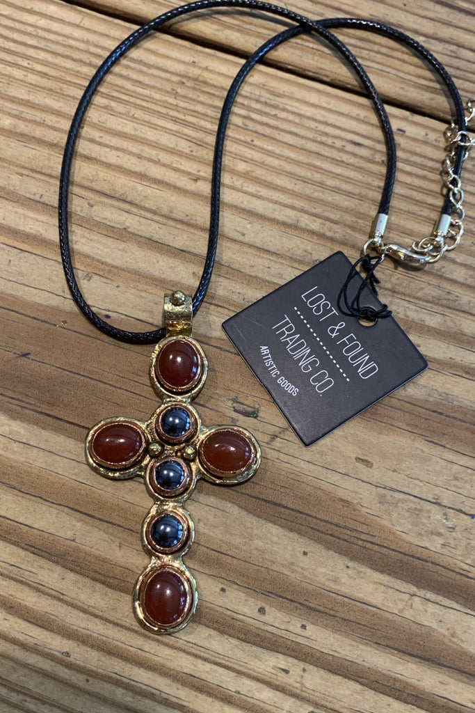 Lost And Found Carnelian Hematite Cross Necklace-Necklaces-Lost And Found-Deja Nu Boutique, Women's Fashion Boutique in Lampasas, Texas