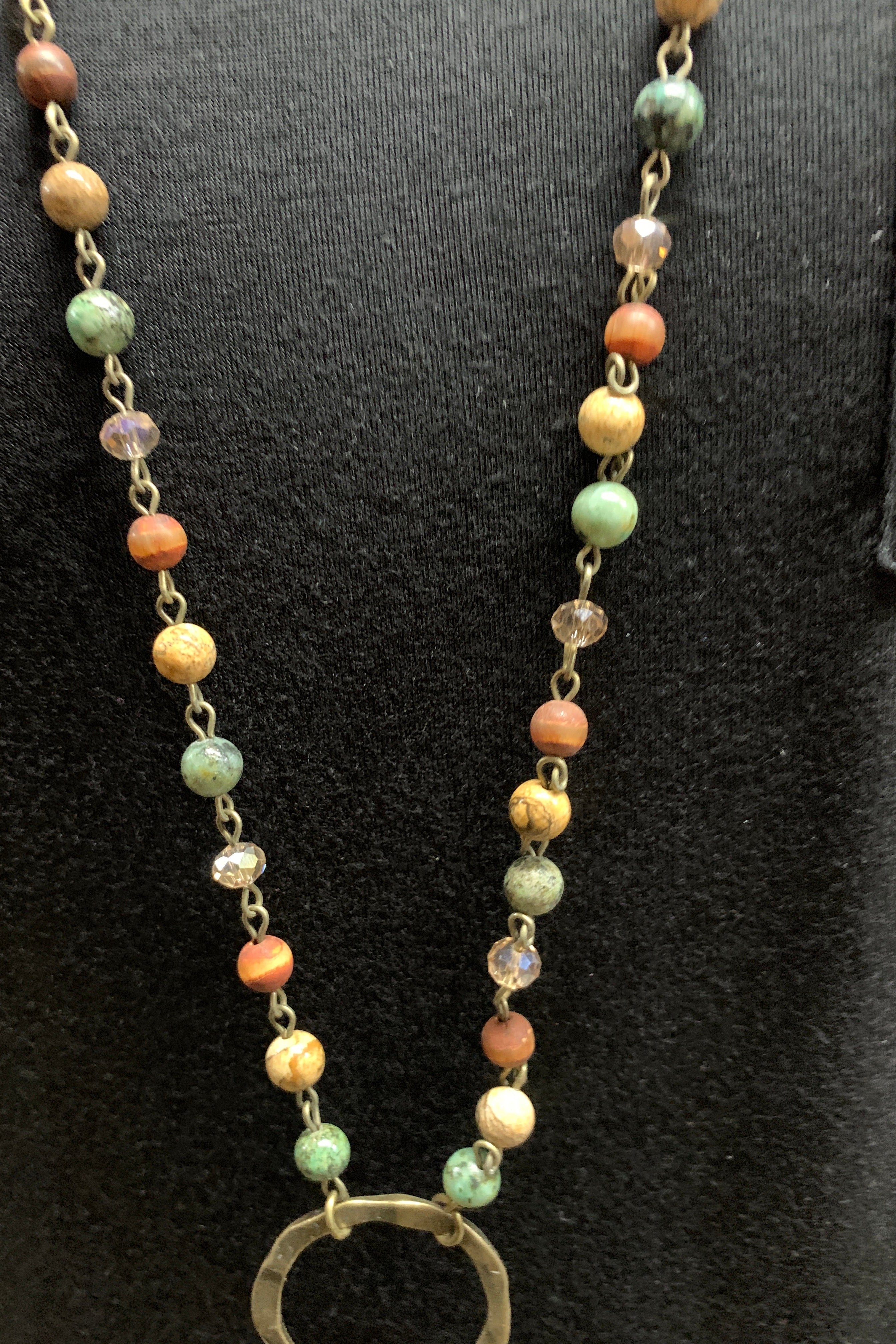 Lost And Found Chain And Colored Bead Long Necklace With Bronze Circle And Large Square Amber Crystal-Necklaces-Lost And Found-Deja Nu Boutique, Women's Fashion Boutique in Lampasas, Texas
