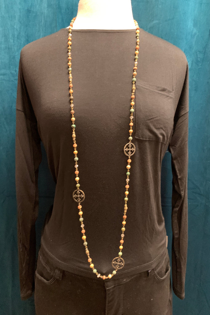 Lost And Found Chain And Colored Bead Long Necklace With Three Cross Metal Medallions-Necklaces-Lost And Found-Deja Nu Boutique, Women's Fashion Boutique in Lampasas, Texas