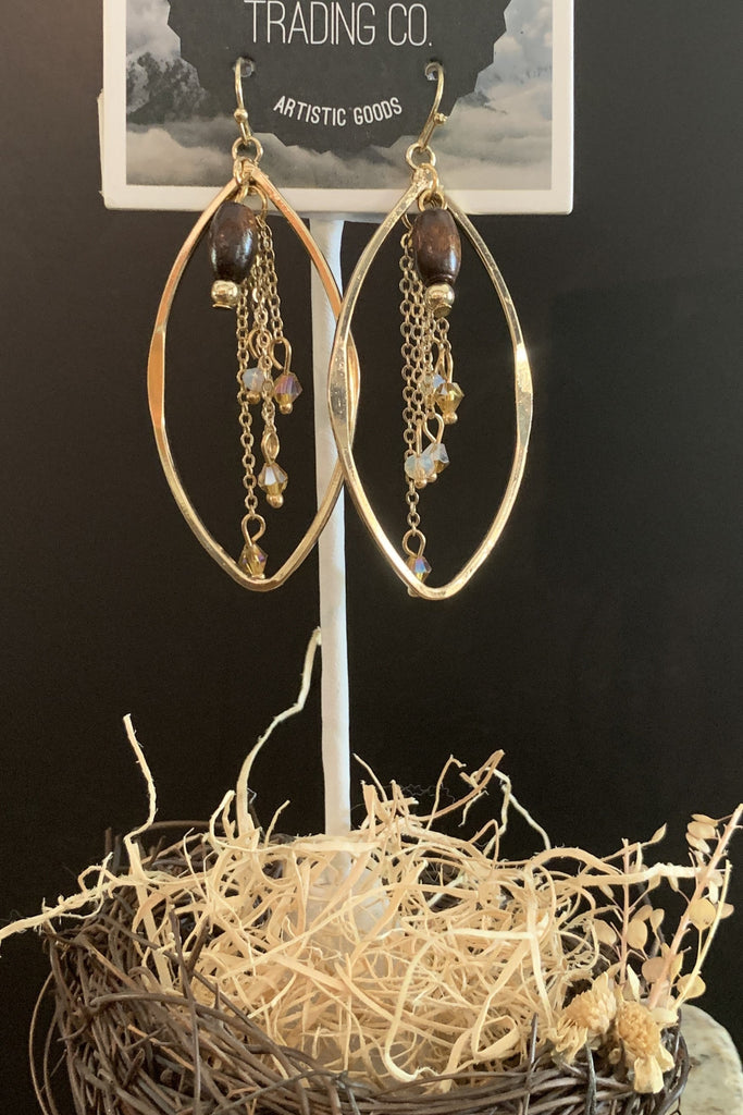 Lost And Found Gold Teardrop Earring With Gold Chain Dangle And Brown Beads-Earrings-Lost And Found-Deja Nu Boutique, Women's Fashion Boutique in Lampasas, Texas