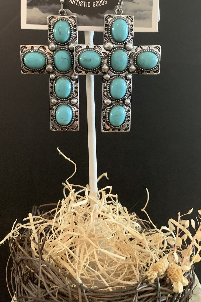 Lost And Found Large Silver And Turquoise Cross Earring-Earrings-Lost And Found-Deja Nu Boutique, Women's Fashion Boutique in Lampasas, Texas