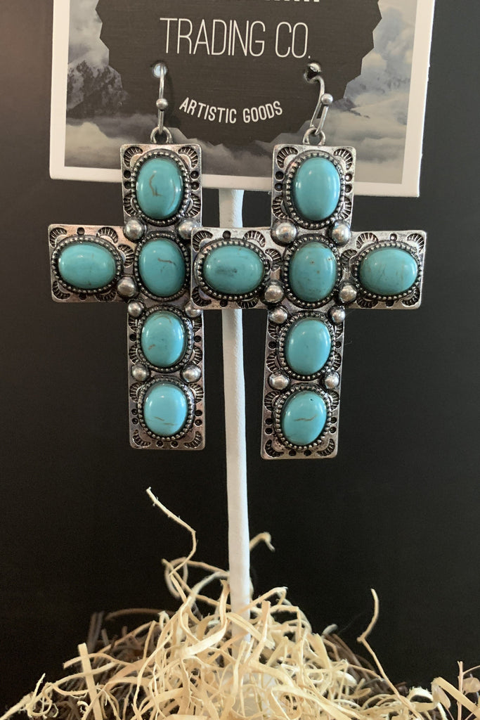 Lost And Found Large Silver And Turquoise Cross Earring-Earrings-Lost And Found-Deja Nu Boutique, Women's Fashion Boutique in Lampasas, Texas