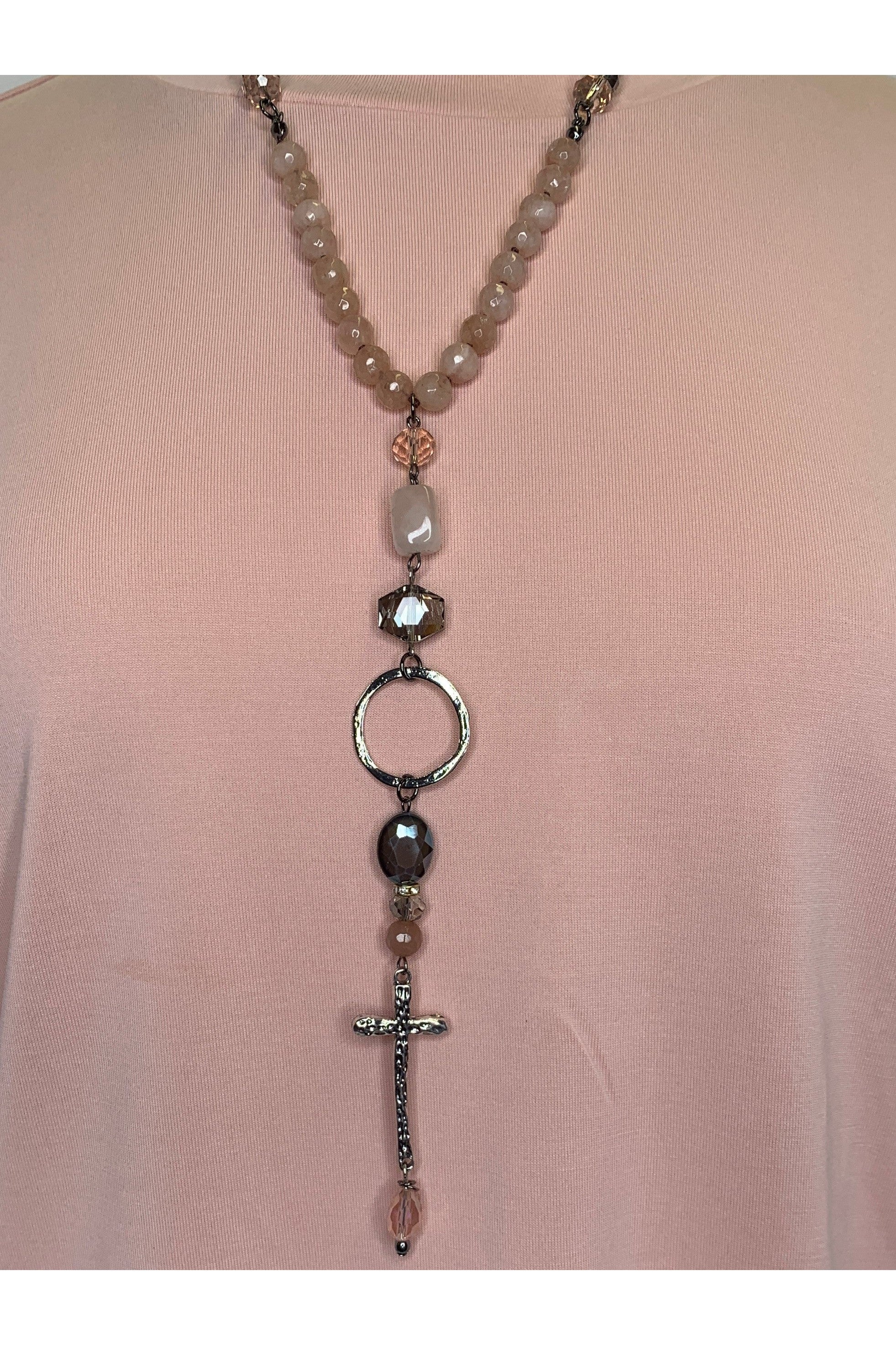 Lost And Found Long Silver Necklace In Pink And Greys With Cross Pendant-Necklaces-Lost And Found-Deja Nu Boutique, Women's Fashion Boutique in Lampasas, Texas