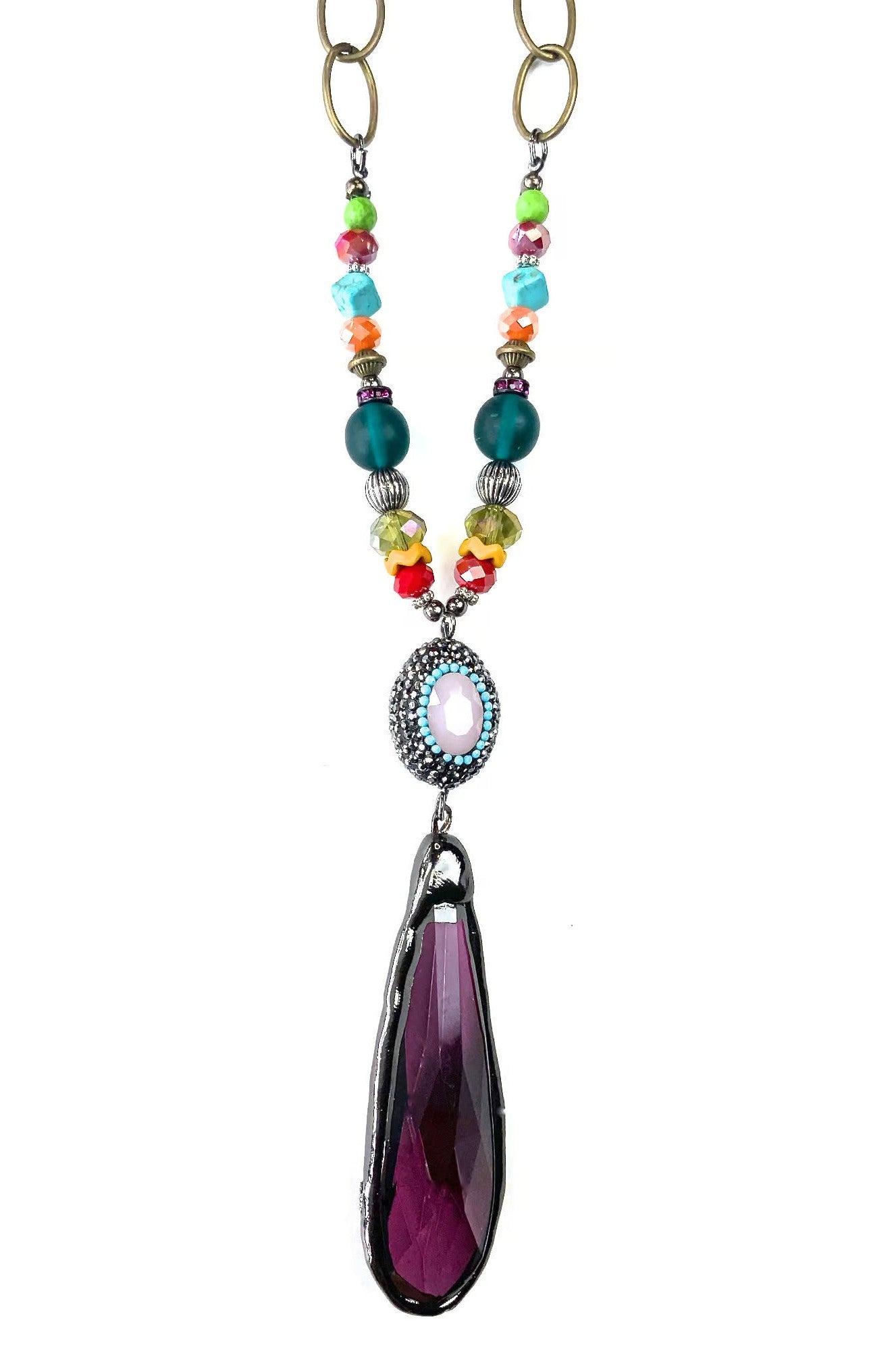 Lost And Found Love Shack Long Chain With Multi Colored Beads And Teardrop Pendant-Necklaces-Lost And Found-Deja Nu Boutique, Women's Fashion Boutique in Lampasas, Texas