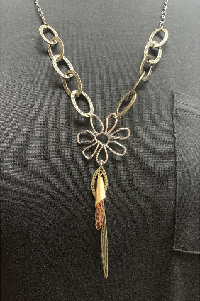 Lost And Found Mixed Chains With Abstract Flower Collage And Dangle Necklace-Necklaces-Lost And Found-Deja Nu Boutique, Women's Fashion Boutique in Lampasas, Texas