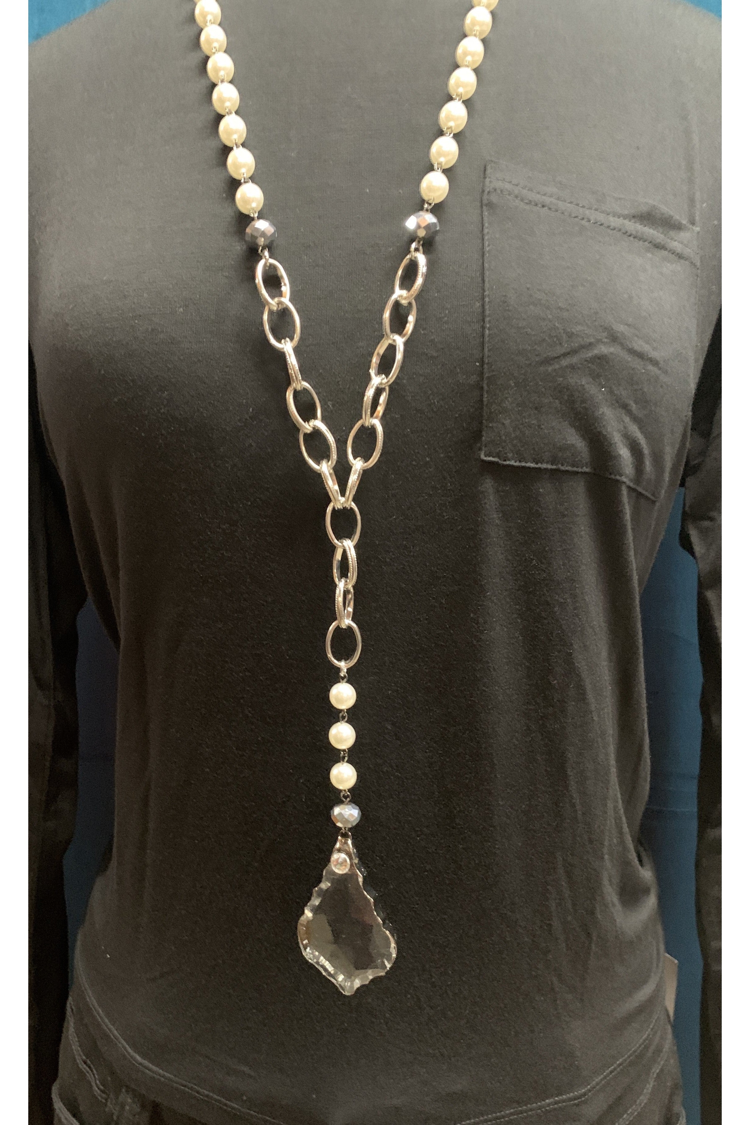 Lost And Found Rosaria Pearl And Chain With Fancy Edged Glass Pendant Necklace-Necklaces-Lost And Found-Deja Nu Boutique, Women's Fashion Boutique in Lampasas, Texas