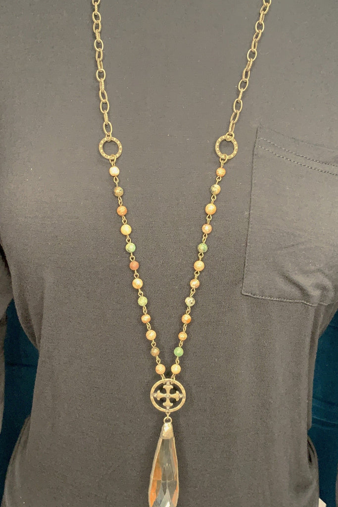 Lost And Found Mixed Metal Long Necklace With Colored Beads Cross Medallion And Large Amber Crystal Drop Dangle-Necklaces-Lost And Found-Deja Nu Boutique, Women's Fashion Boutique in Lampasas, Texas