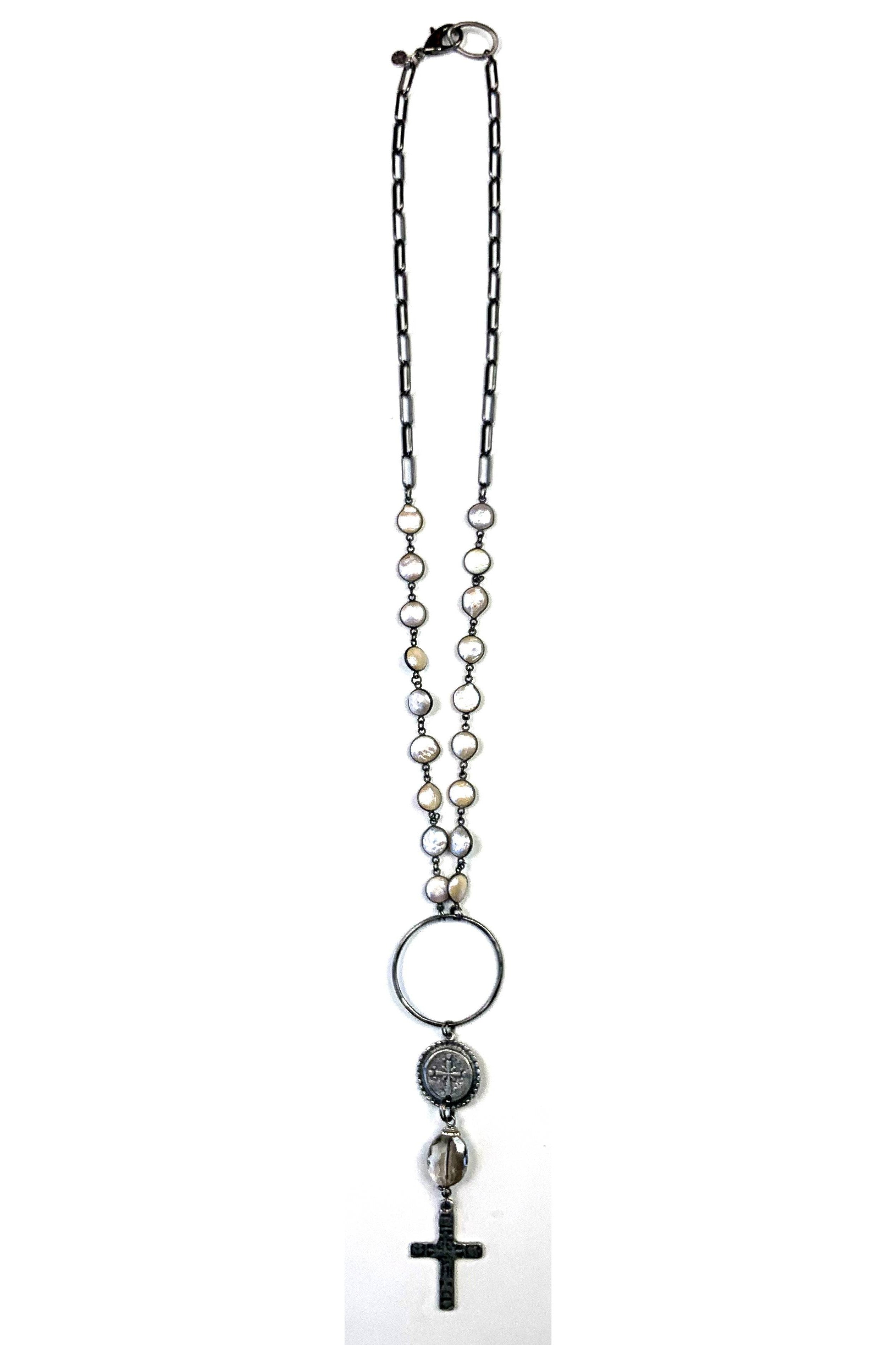 Lost And Found Pearl Necklace With Cross Coin And Glass Bead Pendant Necklace-Necklaces-Lost And Found-Deja Nu Boutique, Women's Fashion Boutique in Lampasas, Texas