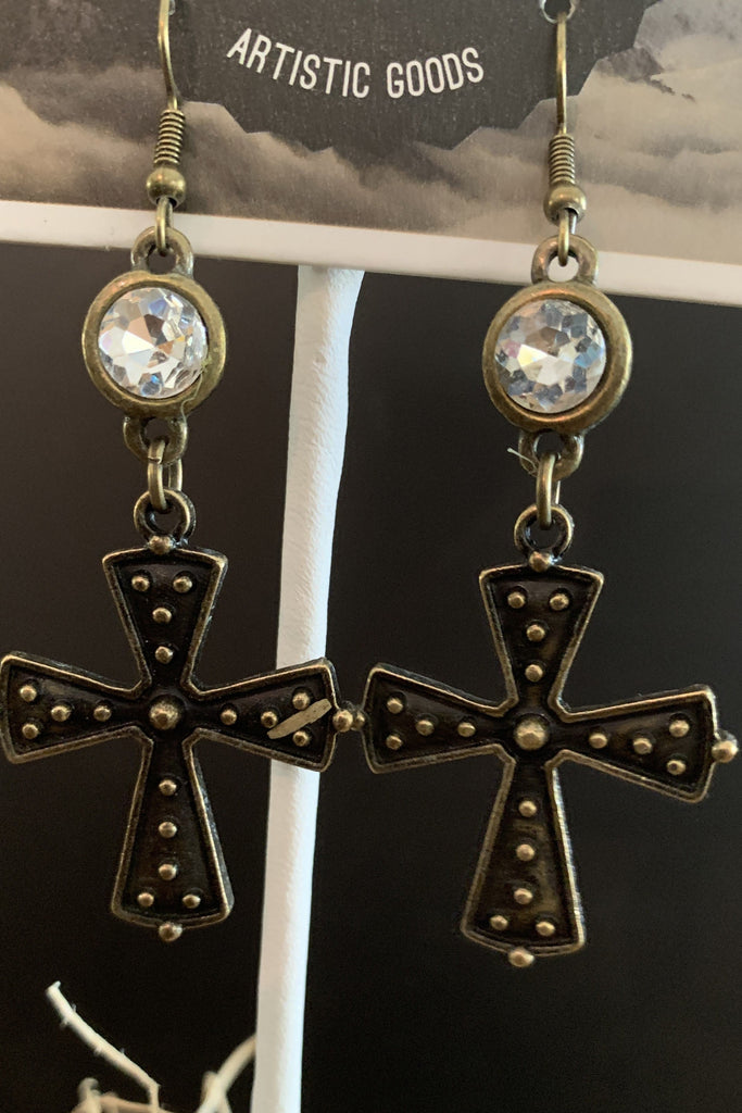 Lost And Found Rhinestone Bronze Cross Earring-Earrings-Lost And Found-Deja Nu Boutique, Women's Fashion Boutique in Lampasas, Texas