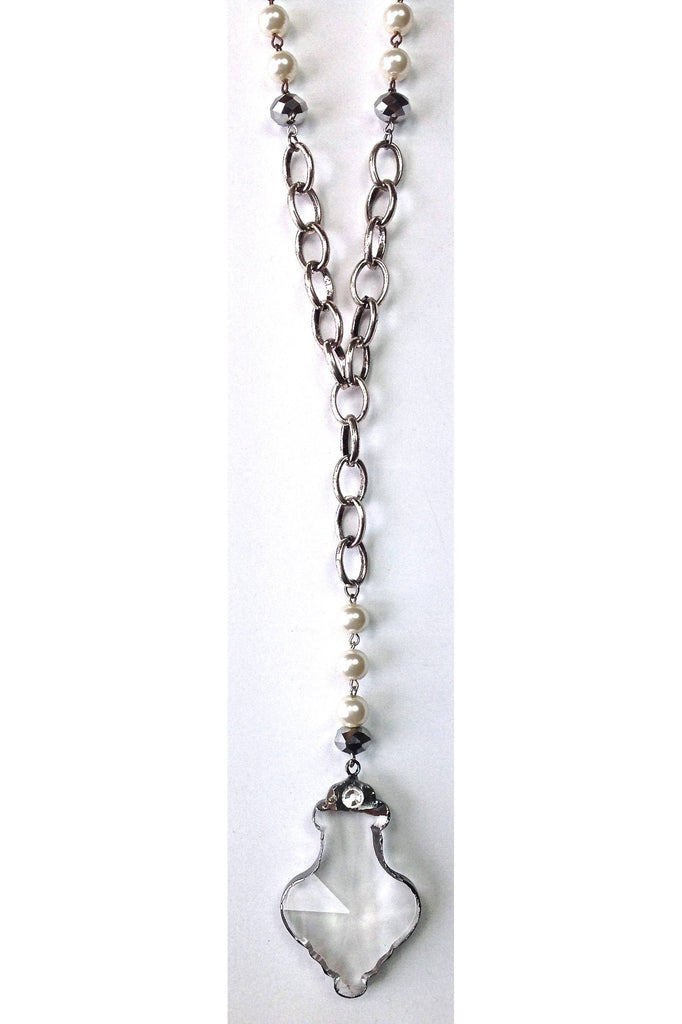 Lost And Found Rosaria Pearl And Chain With Fancy Edged Glass Pendant Necklace-Necklaces-Lost And Found-Deja Nu Boutique, Women's Fashion Boutique in Lampasas, Texas