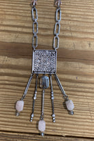 Lost And Found Silver Chain Necklace With Square Medallion And Pink And Rhinestone Dangles-Necklaces-Lost And Found-Deja Nu Boutique, Women's Fashion Boutique in Lampasas, Texas