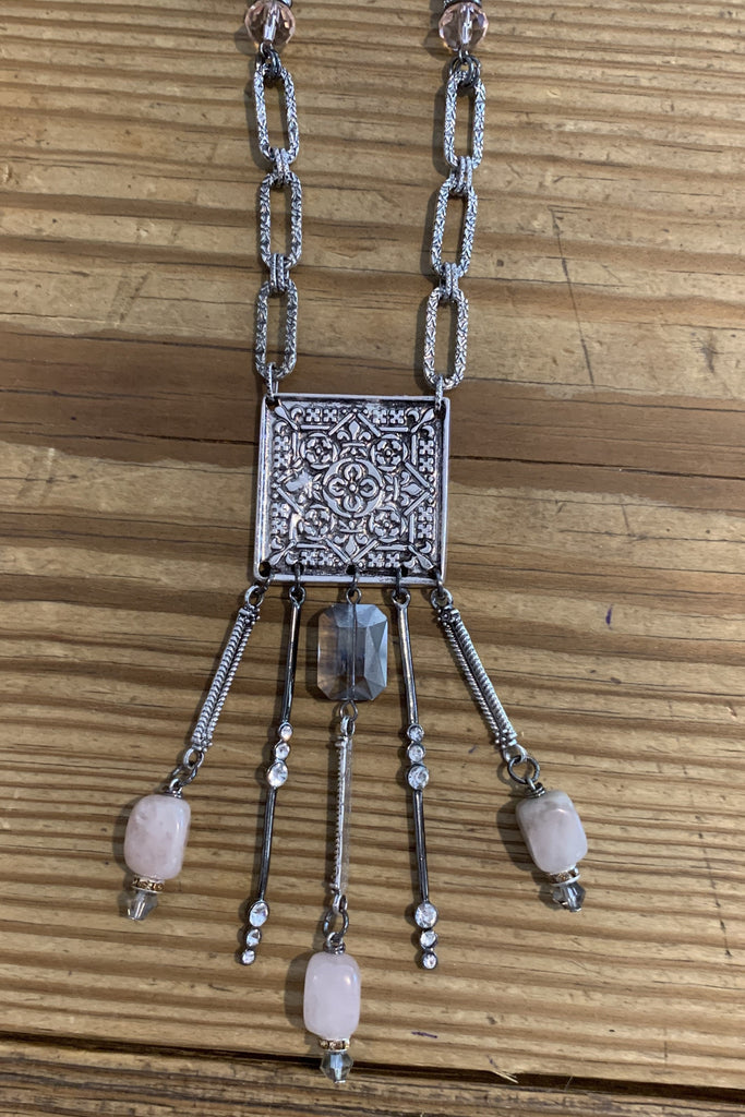 Lost And Found Silver Chain Necklace With Square Medallion And Pink And Rhinestone Dangles-Necklaces-Lost And Found-Deja Nu Boutique, Women's Fashion Boutique in Lampasas, Texas
