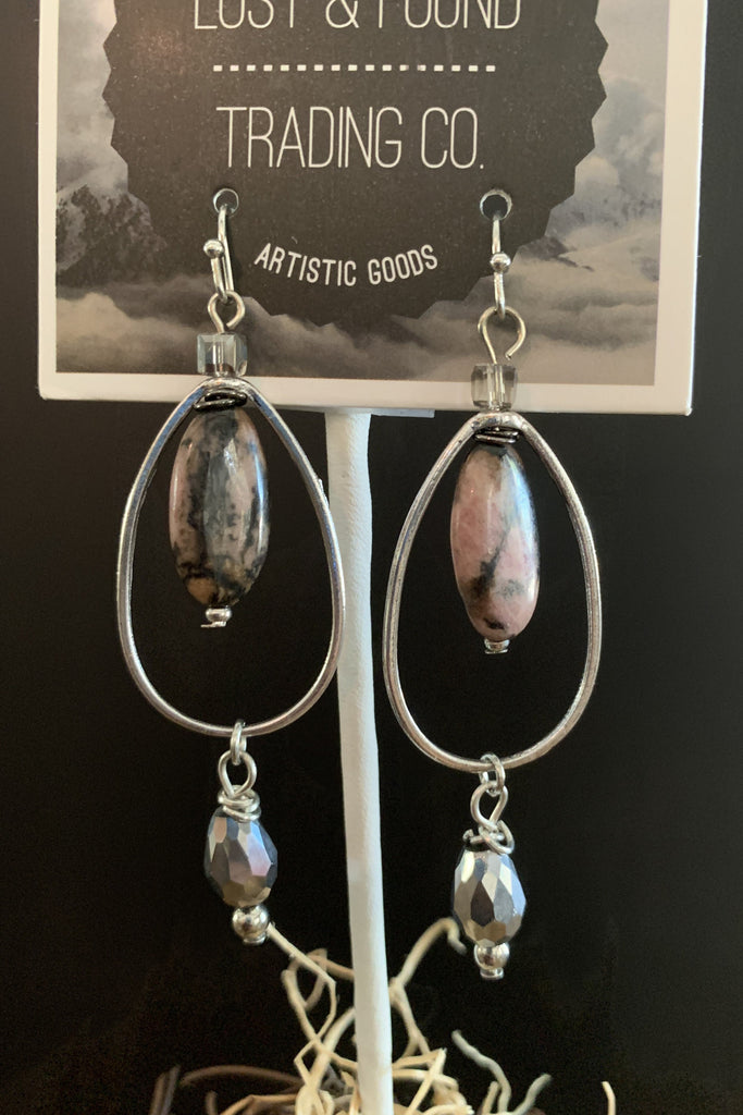 Lost And Found Silver Oblong Earring With Center Pink Natural Stone-Earrings-Lost And Found-Deja Nu Boutique, Women's Fashion Boutique in Lampasas, Texas