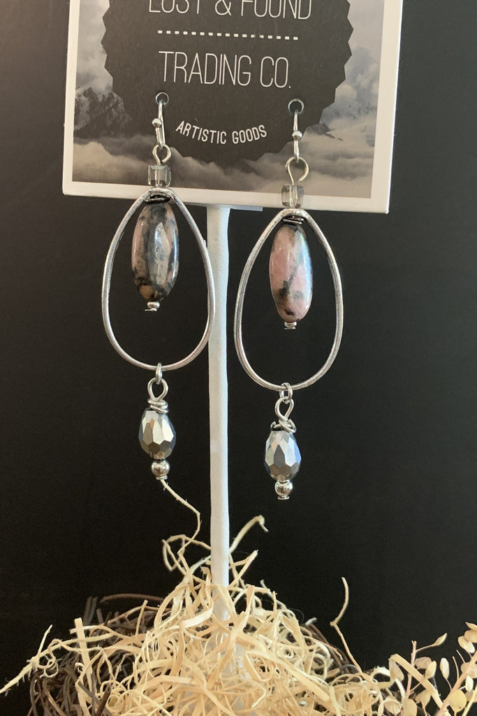 Lost And Found Silver Oblong Earring With Center Pink Natural Stone-Earrings-Lost And Found-Deja Nu Boutique, Women's Fashion Boutique in Lampasas, Texas