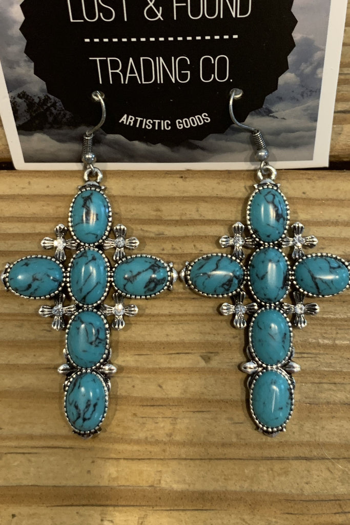 Lost And Found Silver Turquoise Cross Earring With Rhinestones-Earrings-Lost And Found-Deja Nu Boutique, Women's Fashion Boutique in Lampasas, Texas