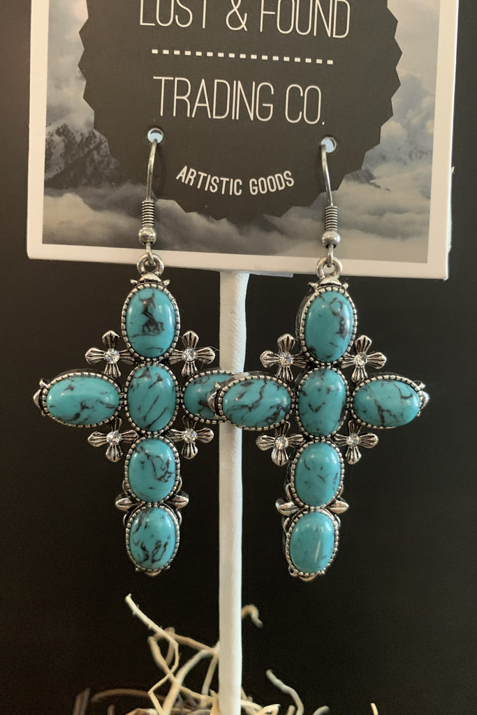 Lost And Found Silver Turquoise Cross Earring With Rhinestones-Earrings-Lost And Found-Deja Nu Boutique, Women's Fashion Boutique in Lampasas, Texas