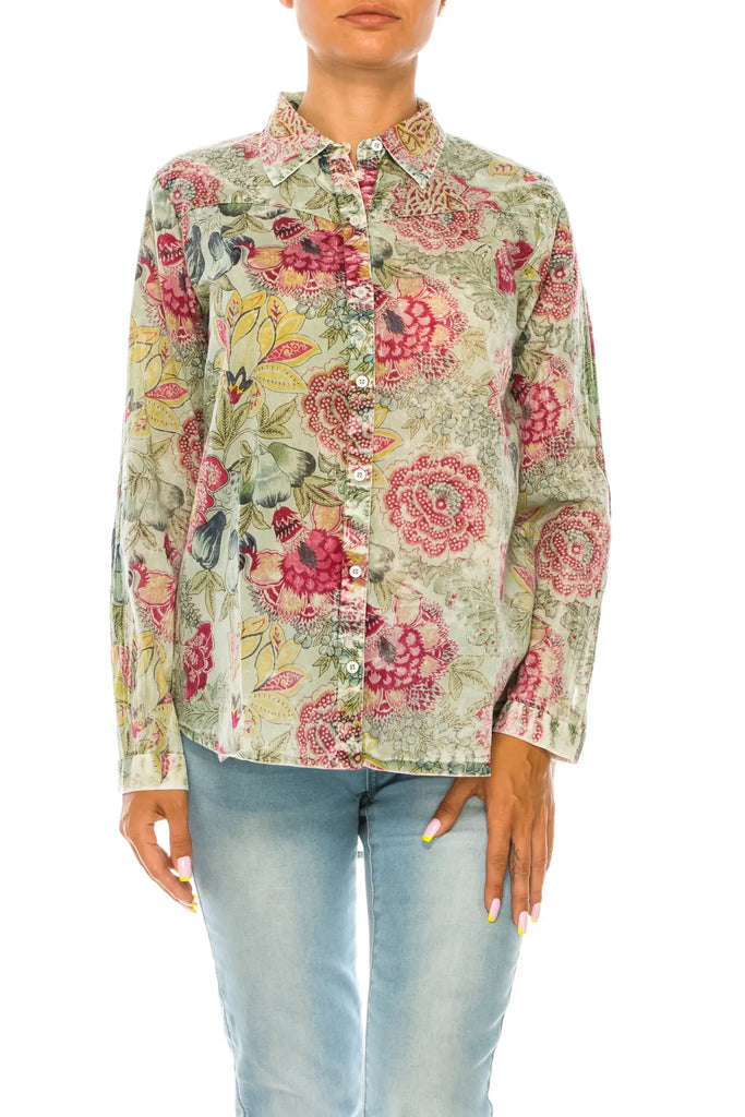 Magazine Clothing Basil Floral Printed Green Button-Down Shirt With Vintage Wash-Tops-Magazine Clothing-Deja Nu Boutique, Women's Fashion Boutique in Lampasas, Texas