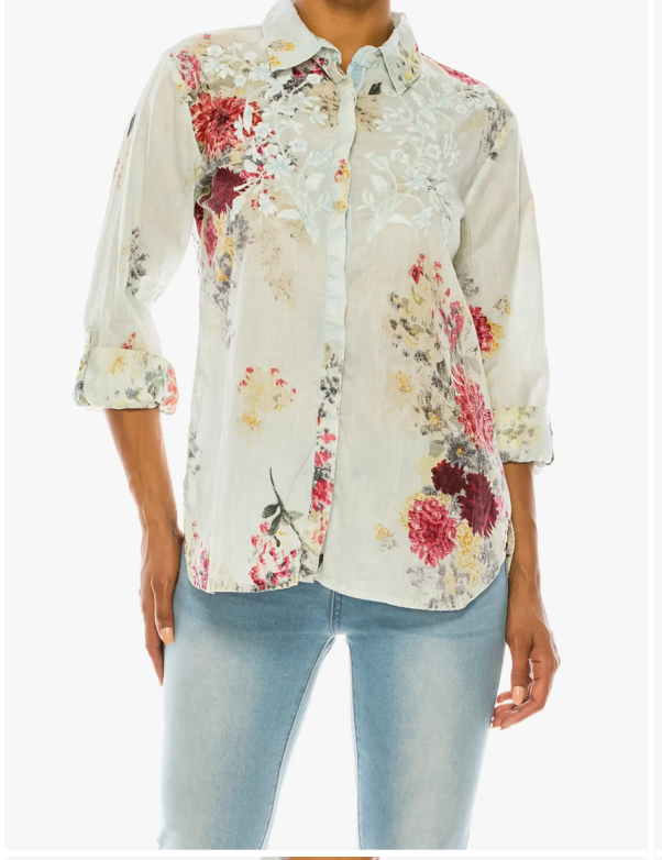 Magazine Clothing Dusty Blue Vintage Floral Printed Shirt with Embroidery-Tops-Magazine Clothing-Deja Nu Boutique, Women's Fashion Boutique in Lampasas, Texas