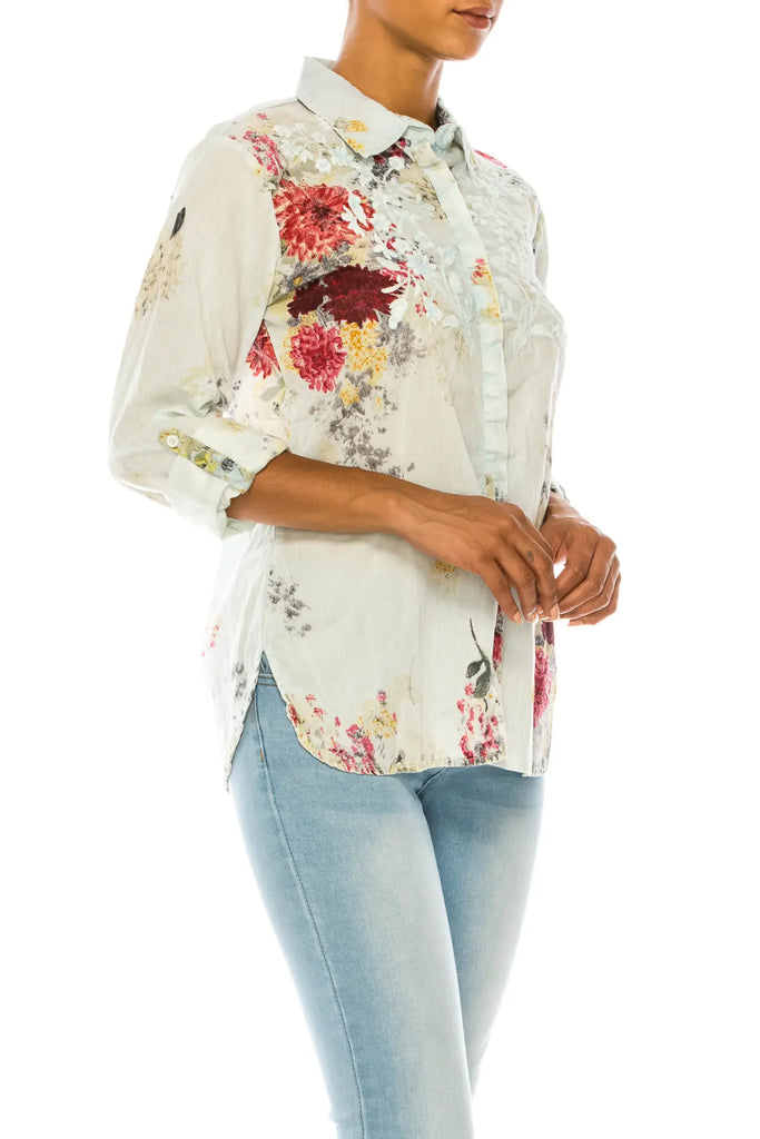 Magazine Clothing Dusty Blue Vintage Floral Printed Shirt with Embroidery-Tops-Magazine Clothing-Deja Nu Boutique, Women's Fashion Boutique in Lampasas, Texas