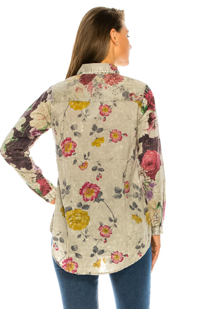 Magazine Clothing Floral Ash Gray Printed Patchwork Shirt with Vintage Wash-Tops-Magazine Clothing-Deja Nu Boutique, Women's Fashion Boutique in Lampasas, Texas