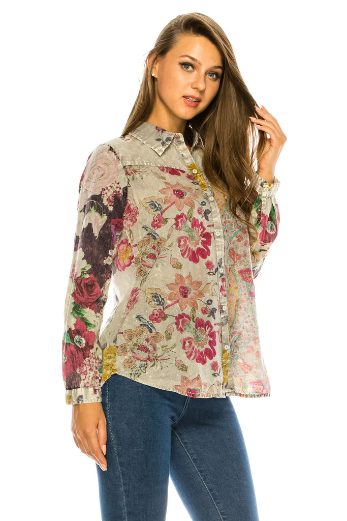 Magazine Clothing Floral Ash Gray Printed Patchwork Shirt with Vintage Wash-Tops-Magazine Clothing-Deja Nu Boutique, Women's Fashion Boutique in Lampasas, Texas