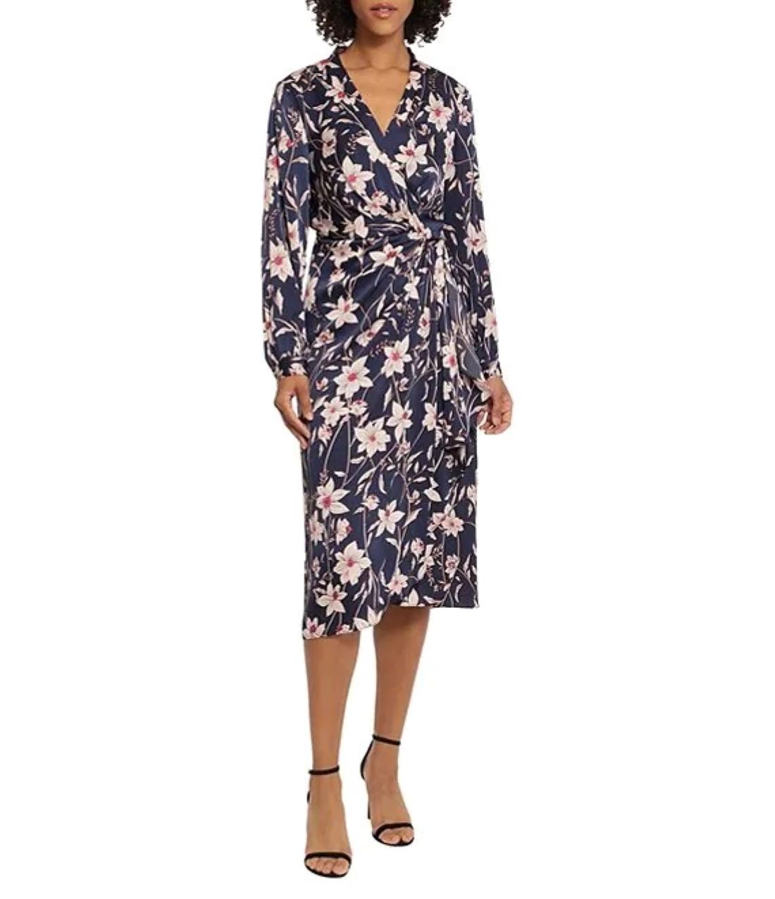 Maggy London Navy Floral Long Sleeve Wrap Midi Dress-Midi Dresses-Maggy London-Deja Nu Boutique, Women's Fashion Boutique in Lampasas, Texas