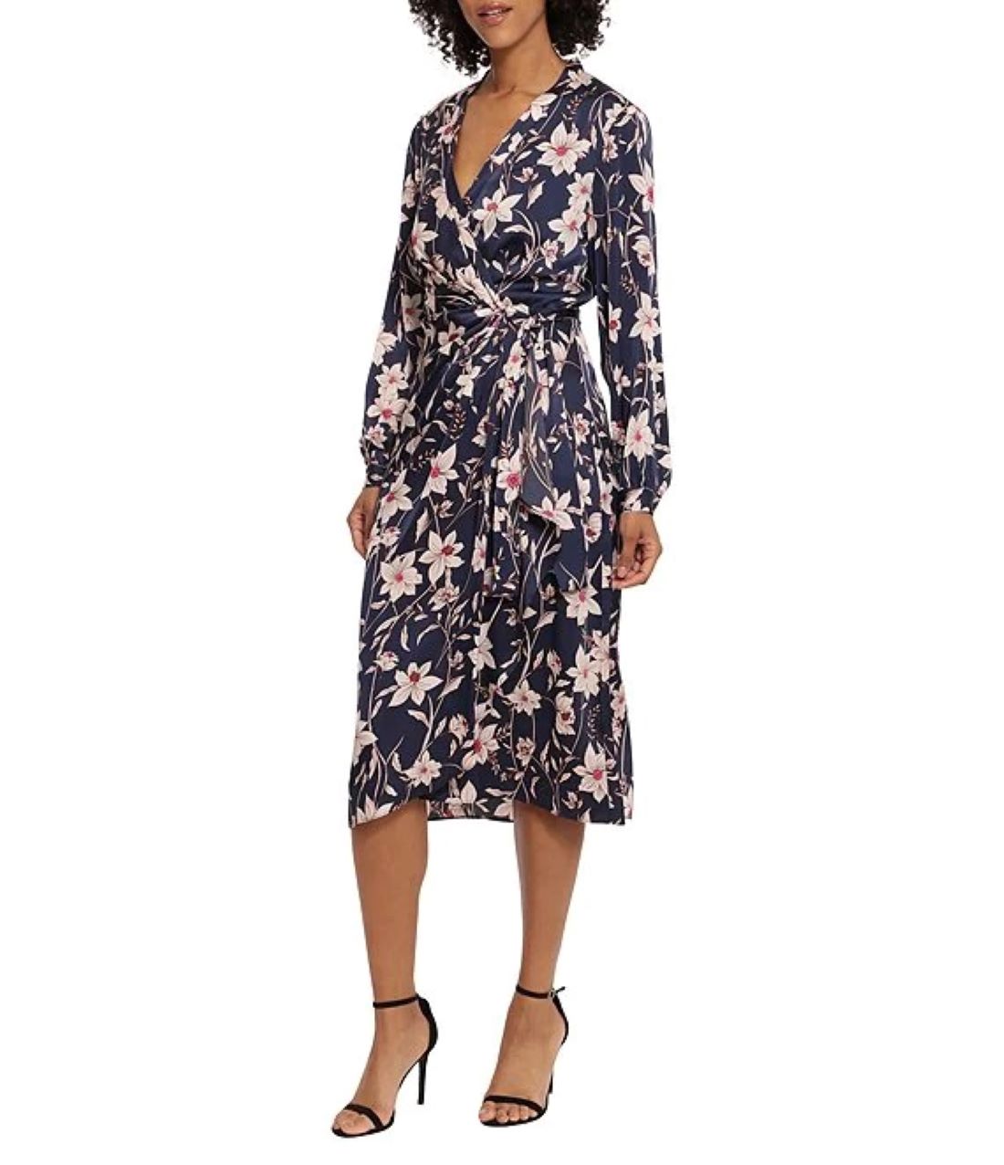 Maggy London Navy Floral Long Sleeve Wrap Midi Dress-Midi Dresses-Maggy London-Deja Nu Boutique, Women's Fashion Boutique in Lampasas, Texas