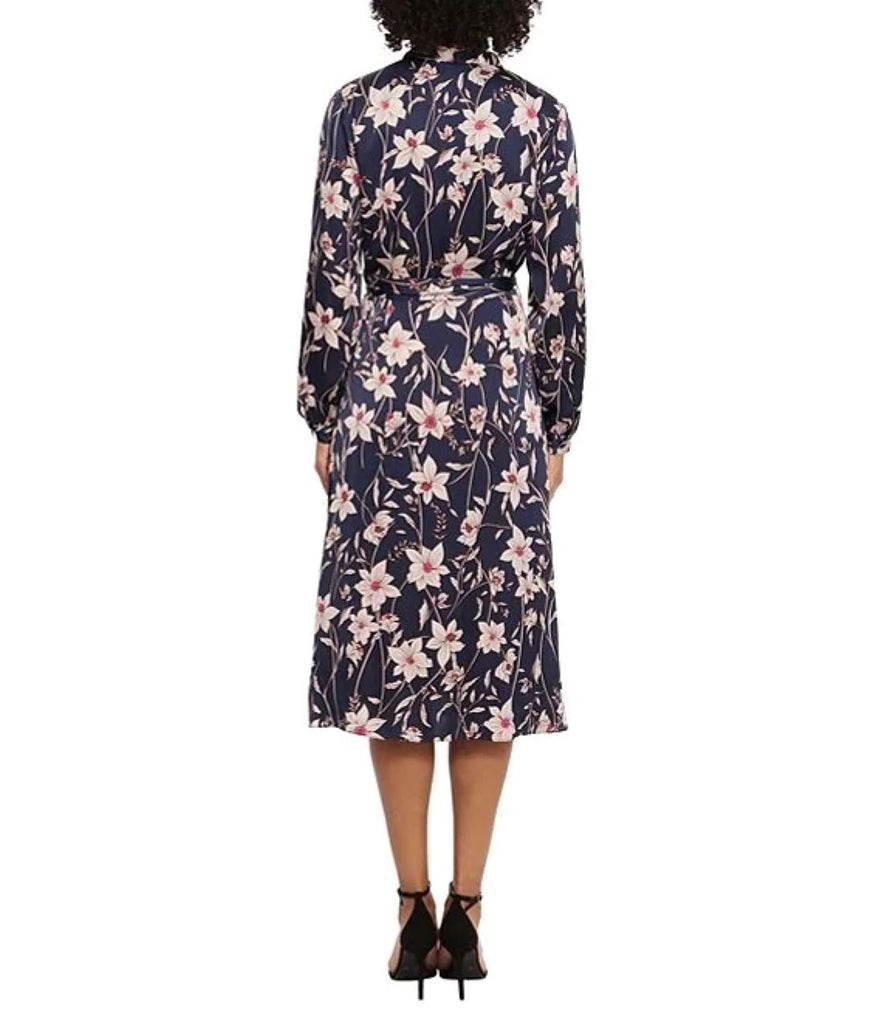 Maggy London Navy Floral Long Sleeve Wrap Midi Dress-Midi Dresses-Maggy London-Deja Nu Boutique, Women's Fashion Boutique in Lampasas, Texas