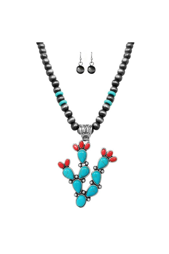 Metal Cactus Pendant With Turquoise Stone And Semi Genuine Stone Navajo Bead Necklace And Earring Set-Jewelry Sets-Deja Nu-Deja Nu Boutique, Women's Fashion Boutique in Lampasas, Texas