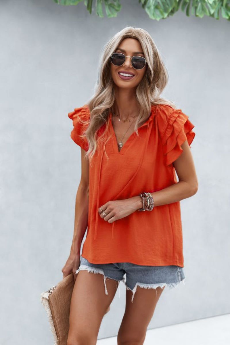 Miss Sparkling Boho Ruffled Sleeve Blouse In Red Orange-Short Sleeves-Miss Sparkling-Deja Nu Boutique, Women's Fashion Boutique in Lampasas, Texas