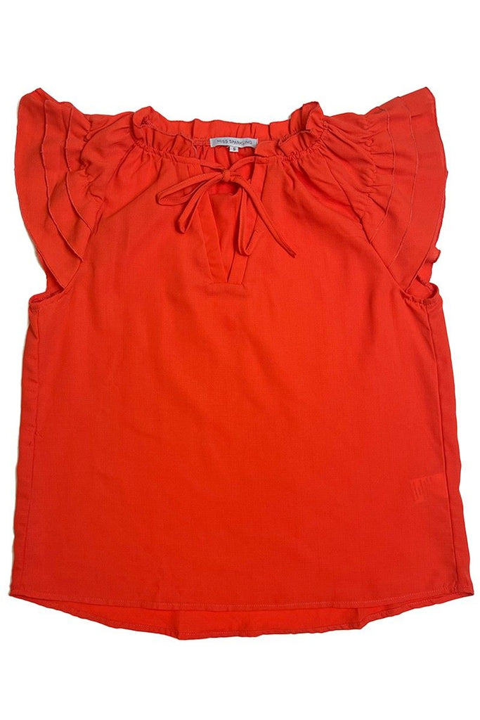 Miss Sparkling Boho Ruffled Sleeve Blouse In Red Orange-Short Sleeves-Miss Sparkling-Deja Nu Boutique, Women's Fashion Boutique in Lampasas, Texas
