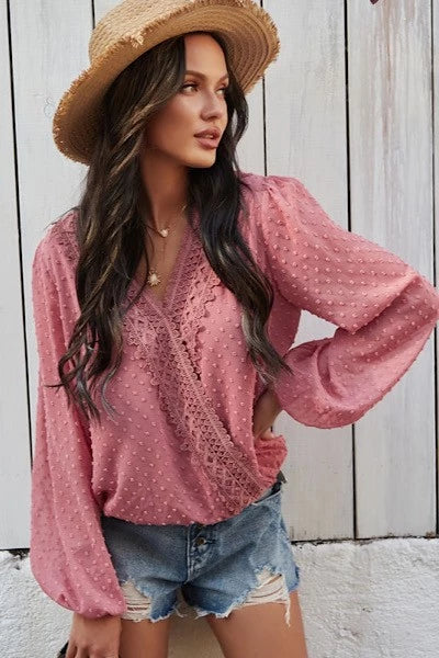 Miss Sparkling Pink Boho Dotted Blouse-Tops-Miss Sparkling-Deja Nu Boutique, Women's Fashion Boutique in Lampasas, Texas