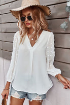 Miss Sparkling White Dotted V Neck Blouse-Tunics-Miss Sparkling-Deja Nu Boutique, Women's Fashion Boutique in Lampasas, Texas