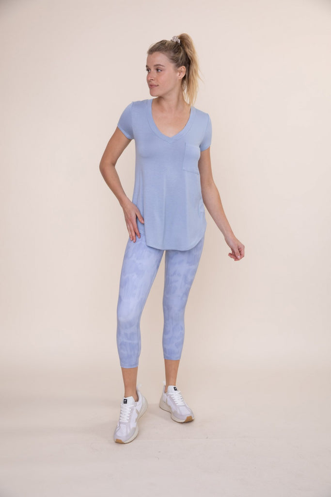 Mono B Longline Deep V-Neck Pocket Shirt In Fog Blue-Tops-Mono B-Deja Nu Boutique, Women's Fashion Boutique in Lampasas, Texas