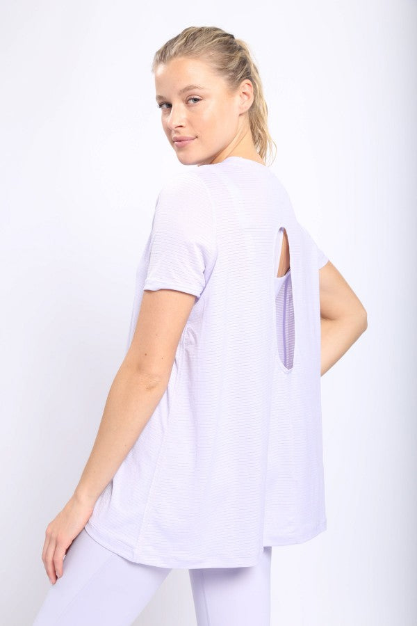 Mono B Striped Mesh Active Longline Shirt with Keyhole Back In Purple Heather-Tops-Mono B-Deja Nu Boutique, Women's Fashion Boutique in Lampasas, Texas